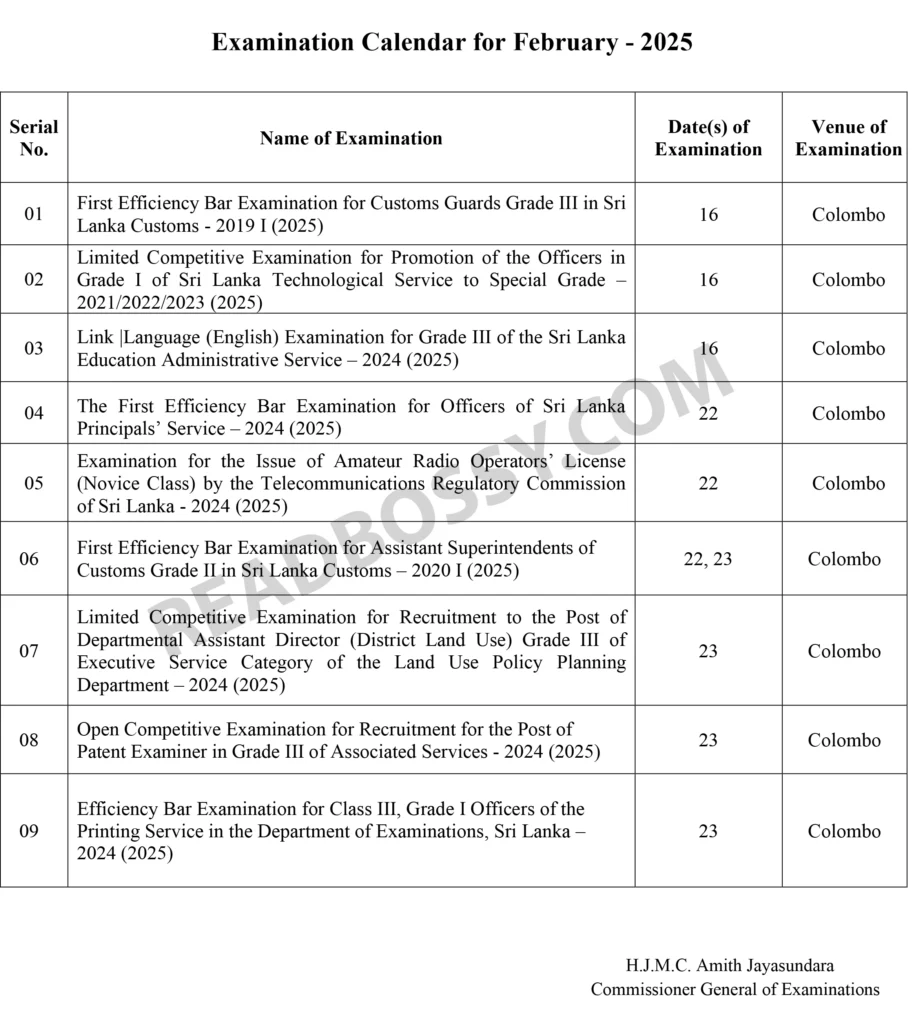 ENGLISH - Examination Calendar for February 2025