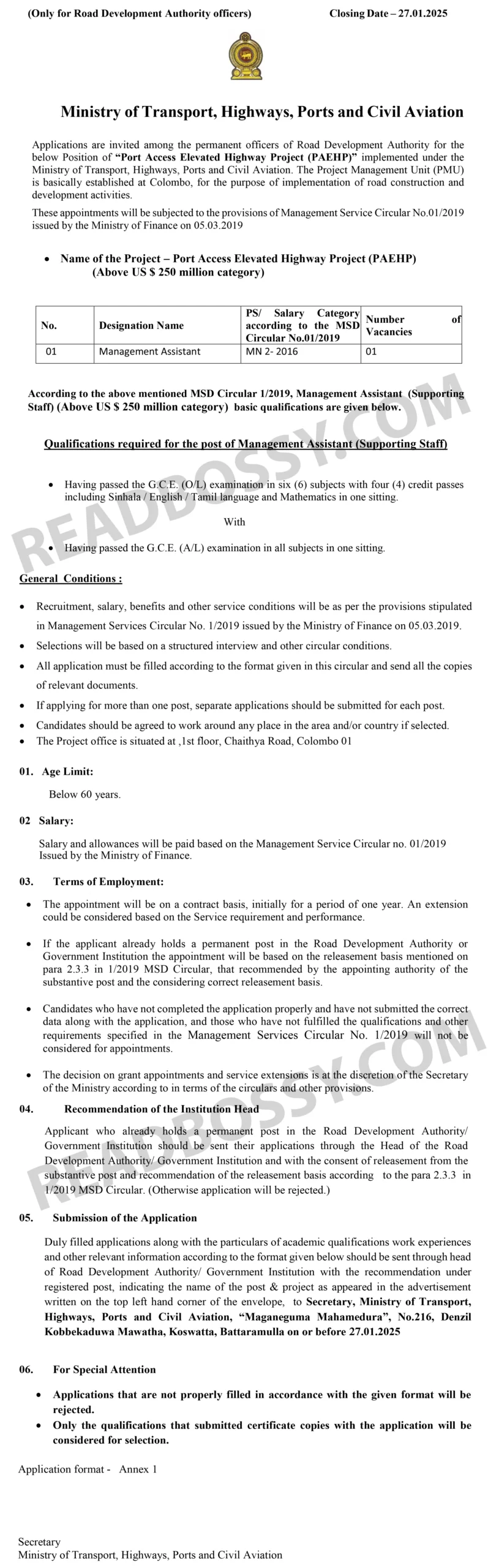 Management Assistant - Ministry of Transpor Job Adst