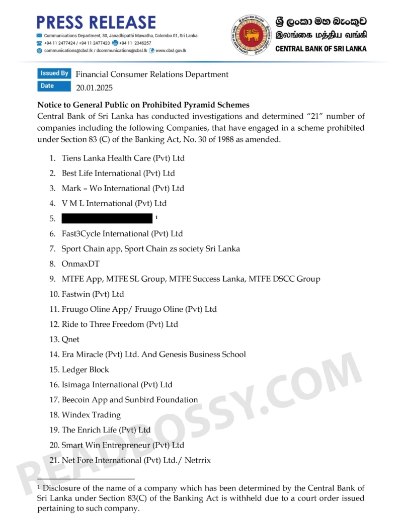 Prohibited Pyramid Schemes by Central Bank of Sri Lanka