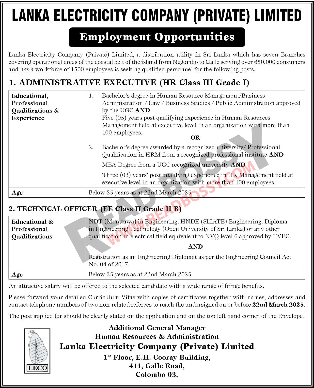 LANKA ELECTRICITY JOB AD 2025